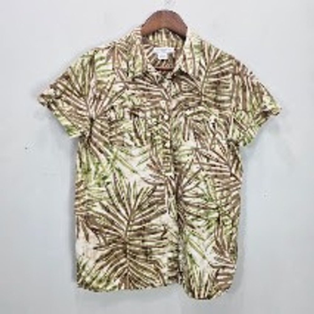 Liz Claiborne Button Top M Petite Linen Blend Tropical Safari Cargo Y2K 90s Luau